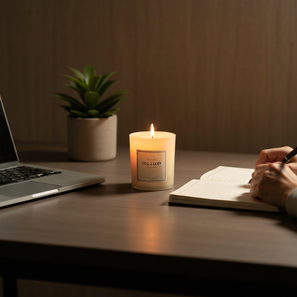 Lit eco-luxury candle on a minimalist desk with laptop, notebook, and small plant, creating a calm and focused workspace ambiance