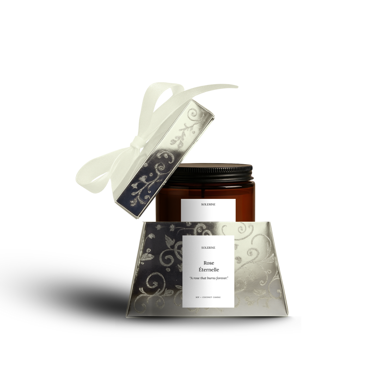 Candle in a decorative box with a ribbon on a white background