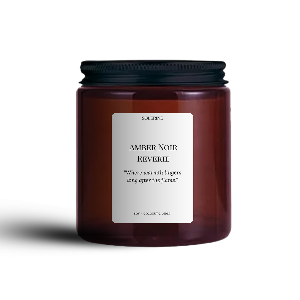 Amber Noir Reverie luxury hand-poured scented candle with amber-woody fragrance and eco-luxury packaging in India