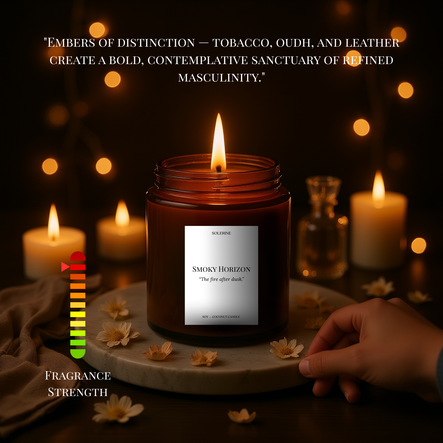 Smoky Horizon candle olfactory profile with tobacco and oud