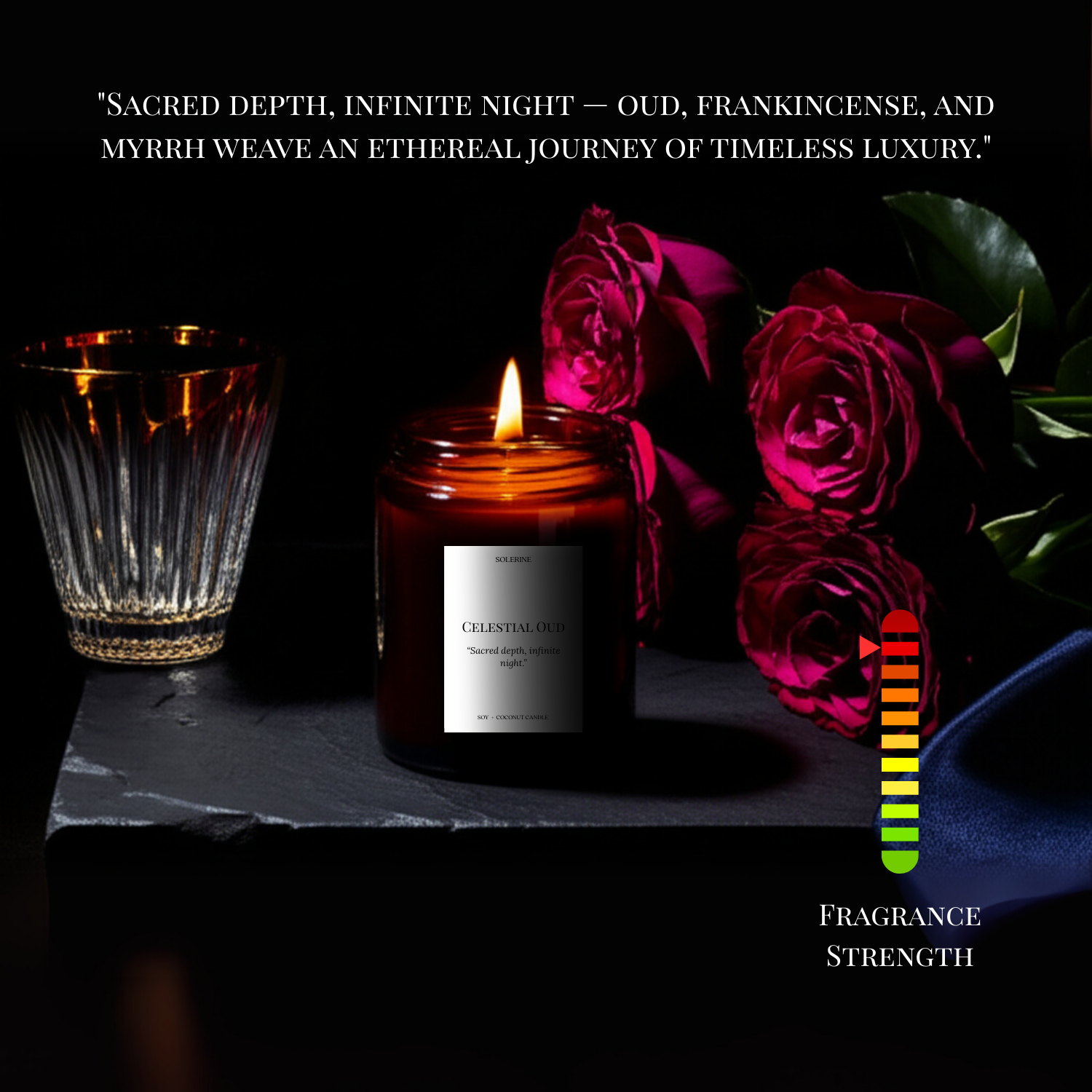 Celestial Oud luxury candle olfactory profile with oud and saffron notes
