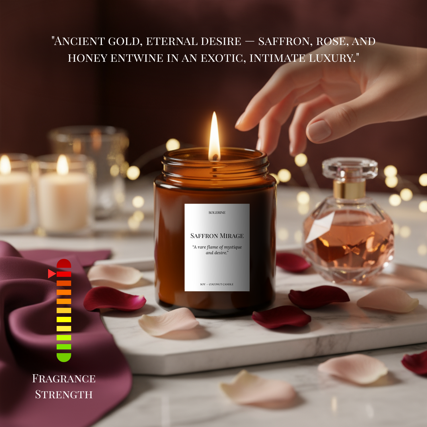 Saffron Mirage candle scent profile highlighting saffron, rose, honey, and oud