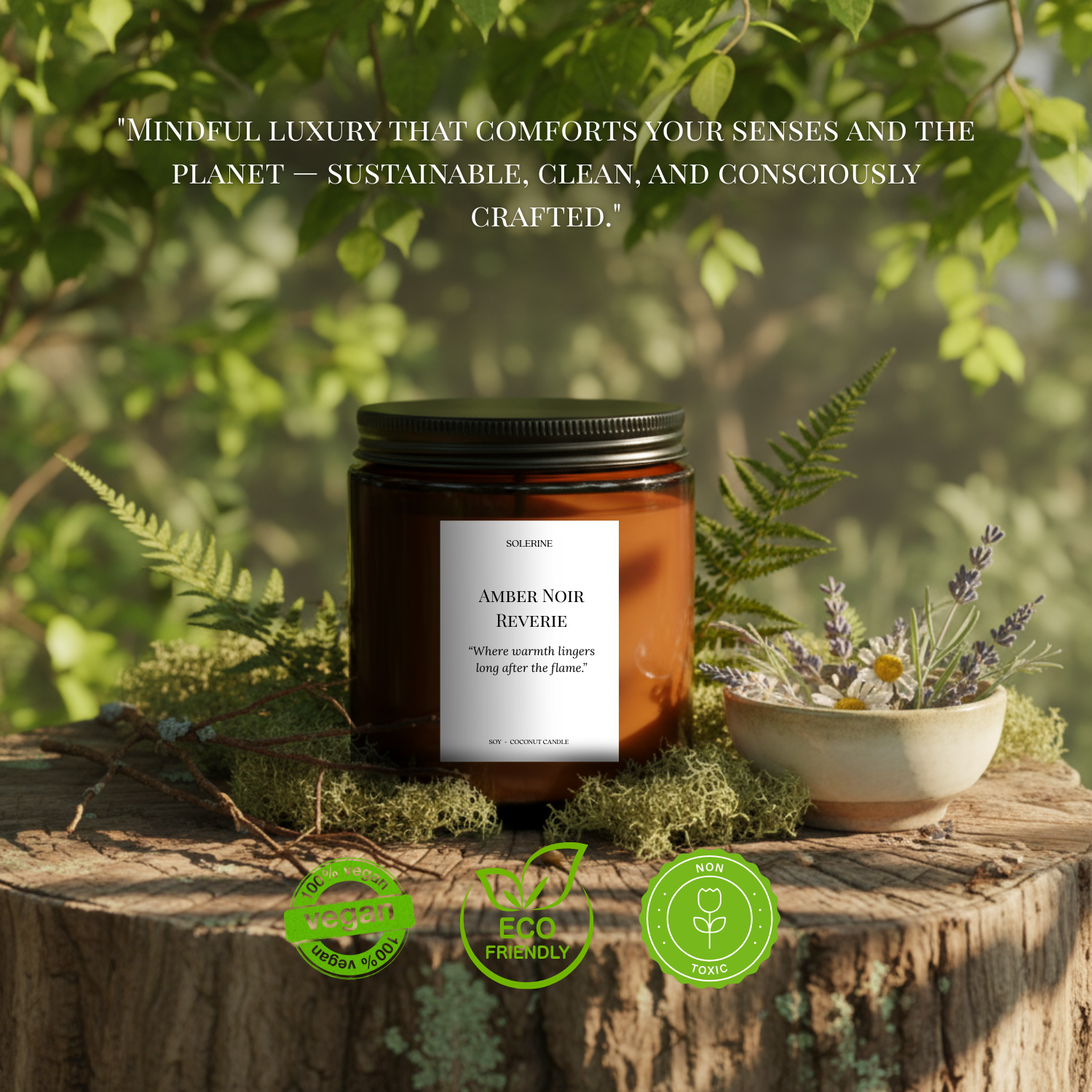 Eco-friendly Amber Noir Reverie scented candle in premium packaging