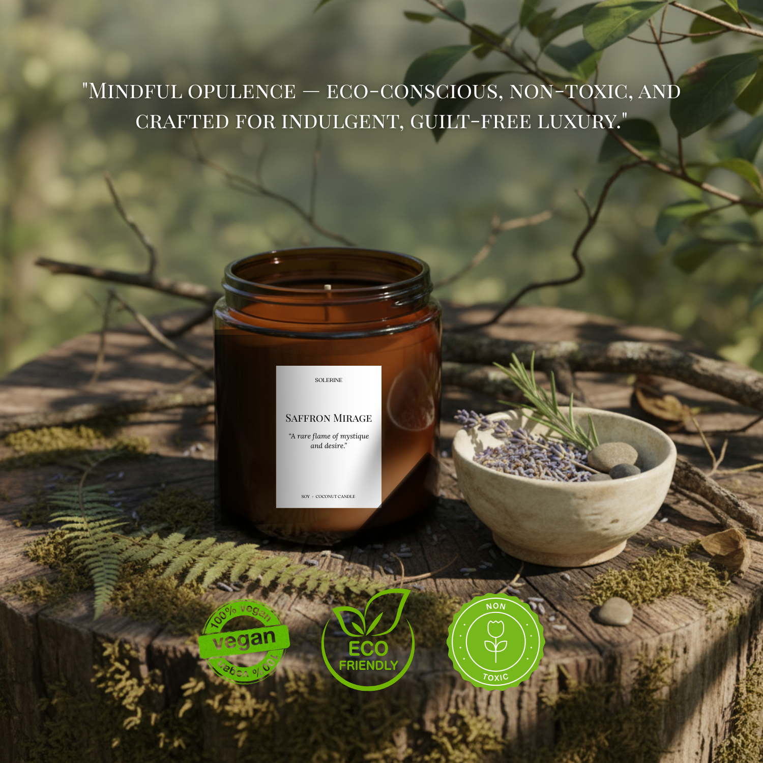 Saffron Mirage luxury candle with eco-friendly vegan packaging