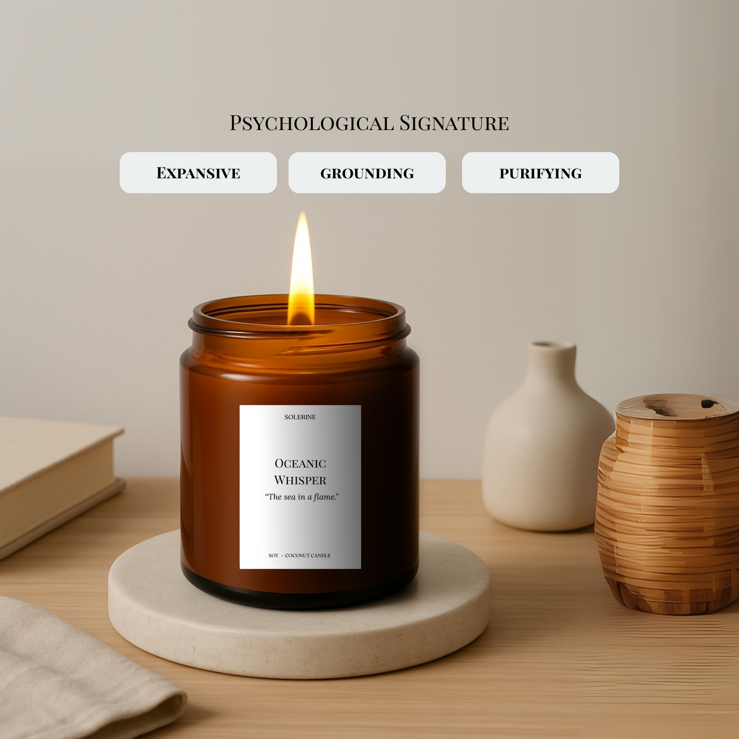 Luxury Oceanic Whisper candle featuring cedarwood and sea salt