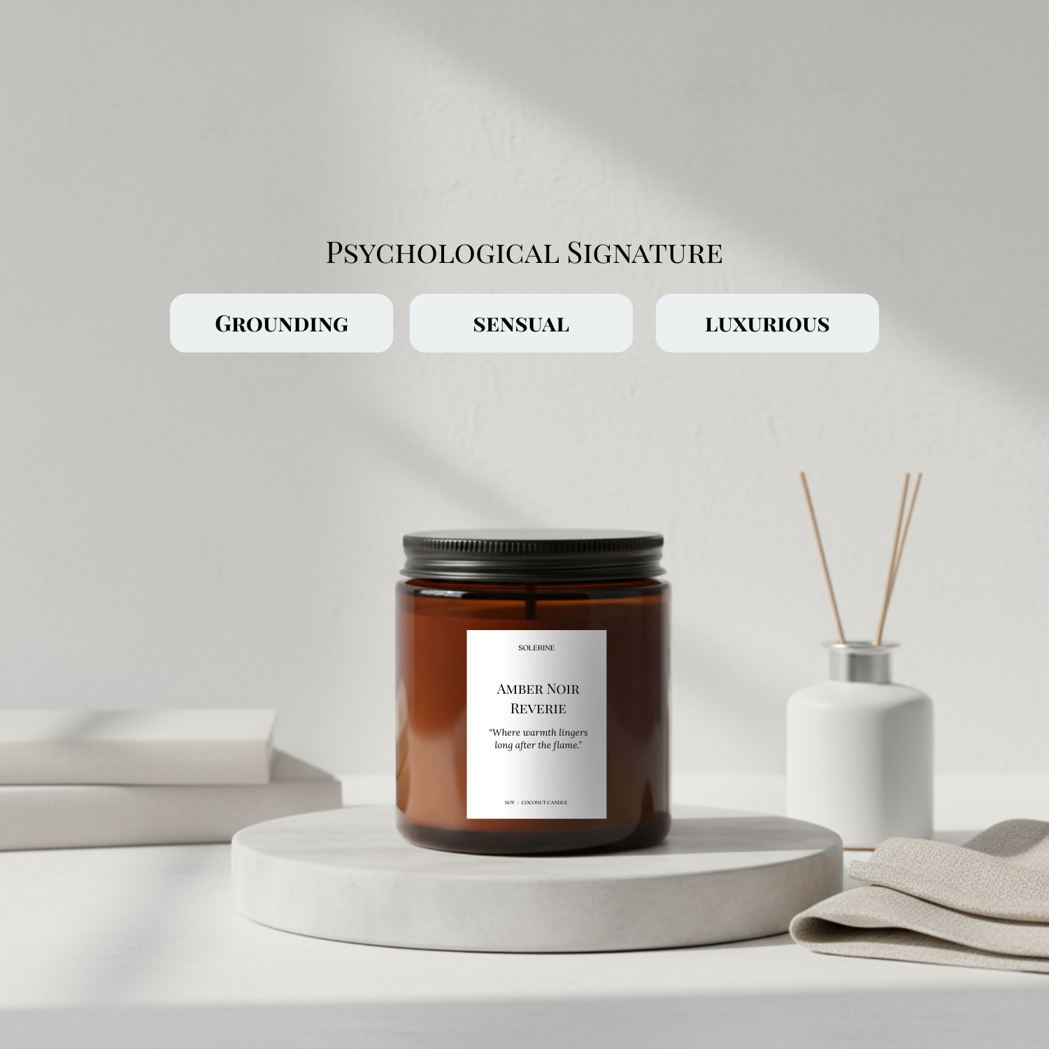 Amber Noir Reverie candle psychological signature: luxury, warmth, sophistication