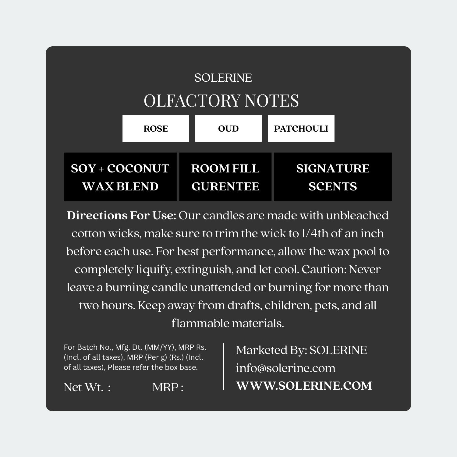 Back label of Rose Éternelle hand-poured luxury scented candle