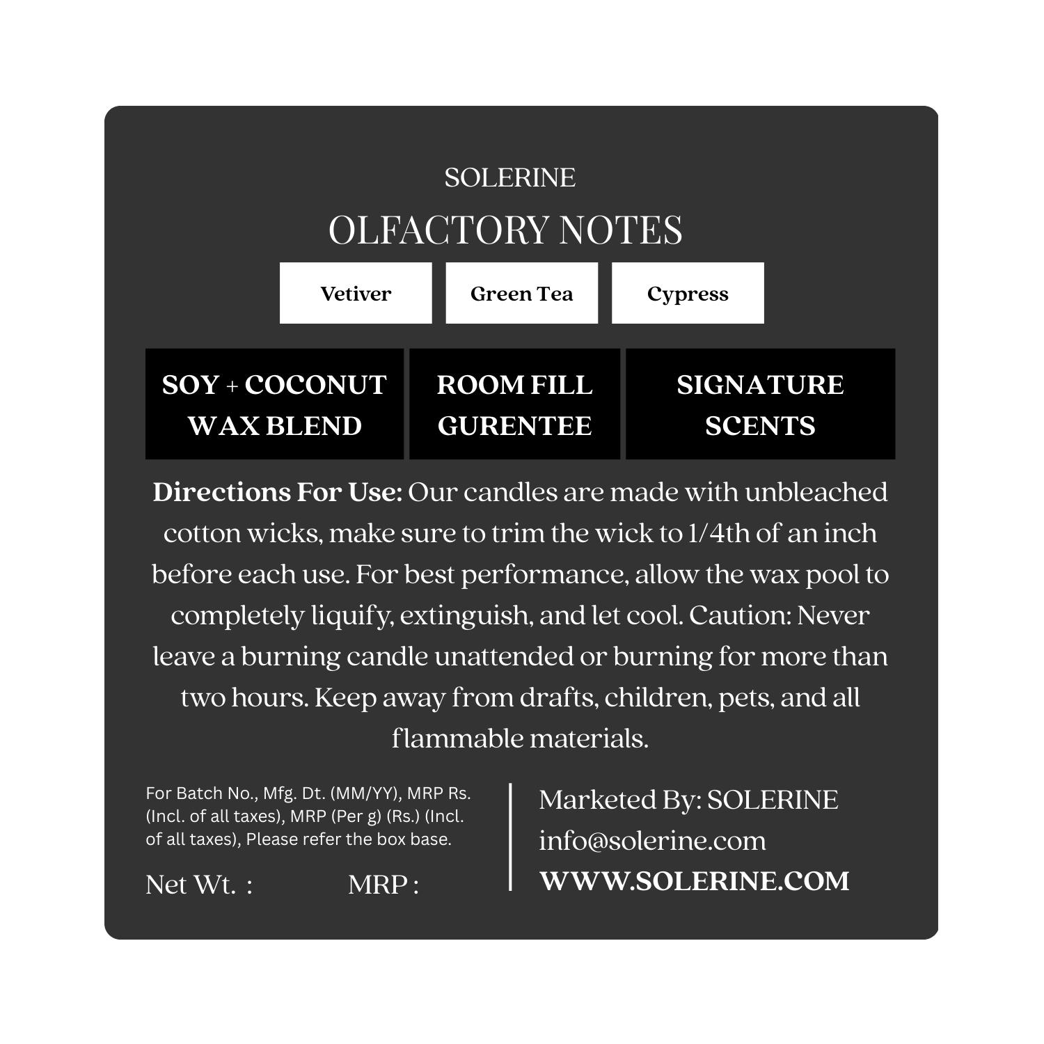 Verdant Luxe candle back label with product details