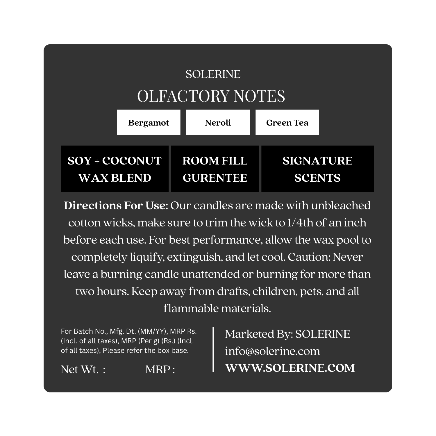 Citrus Alchemy candle back label with fragrance and usage details
