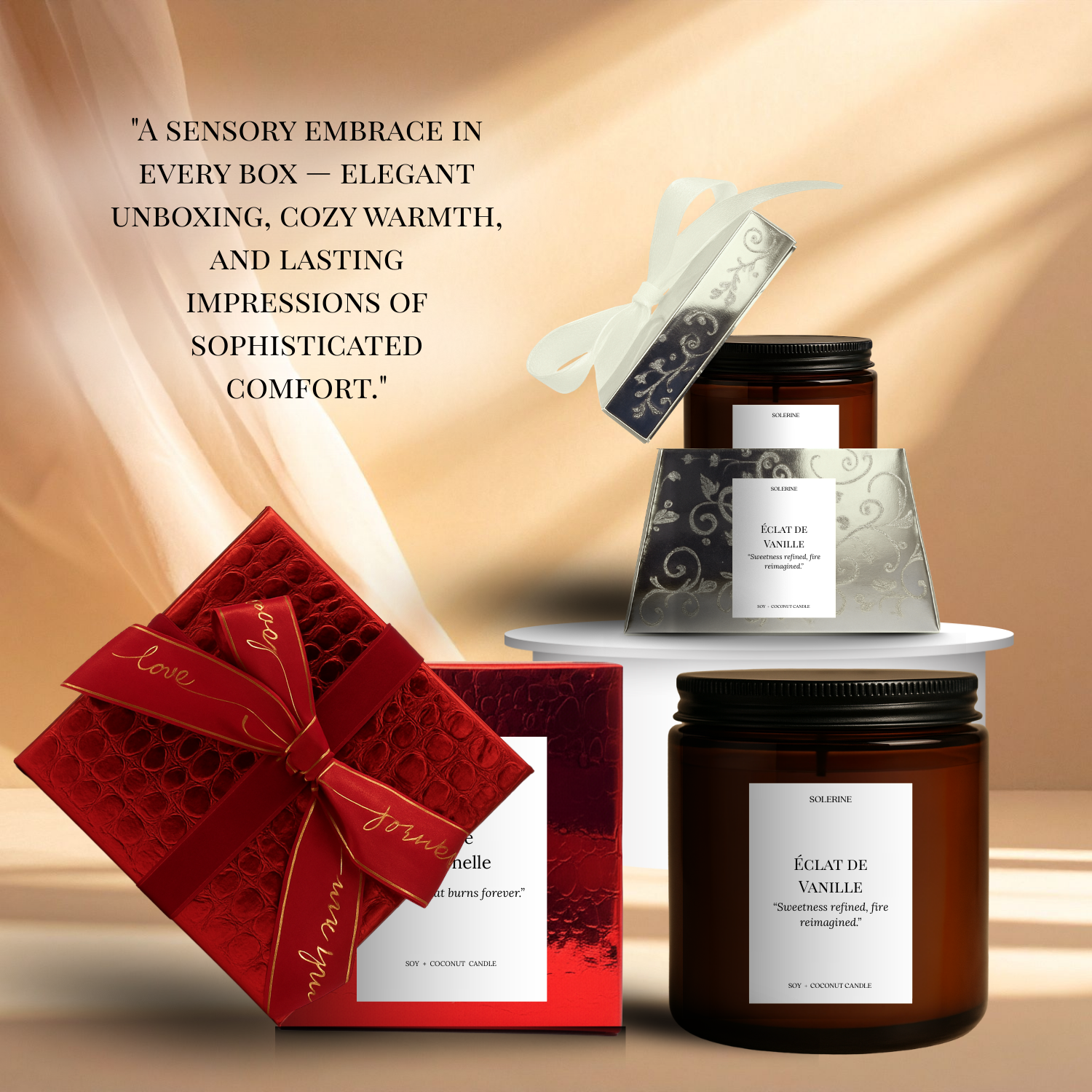 Éclat de Vanille premium gift packaging with hand-poured scented candle
