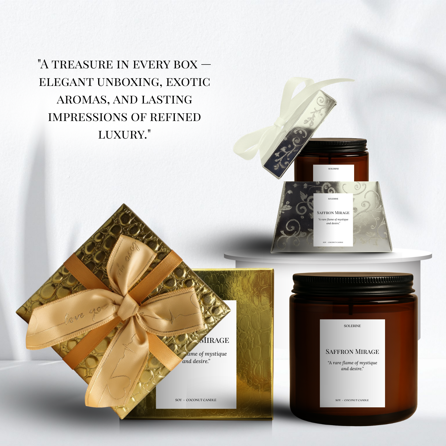 Saffron Mirage luxury candle premium gift packaging from India