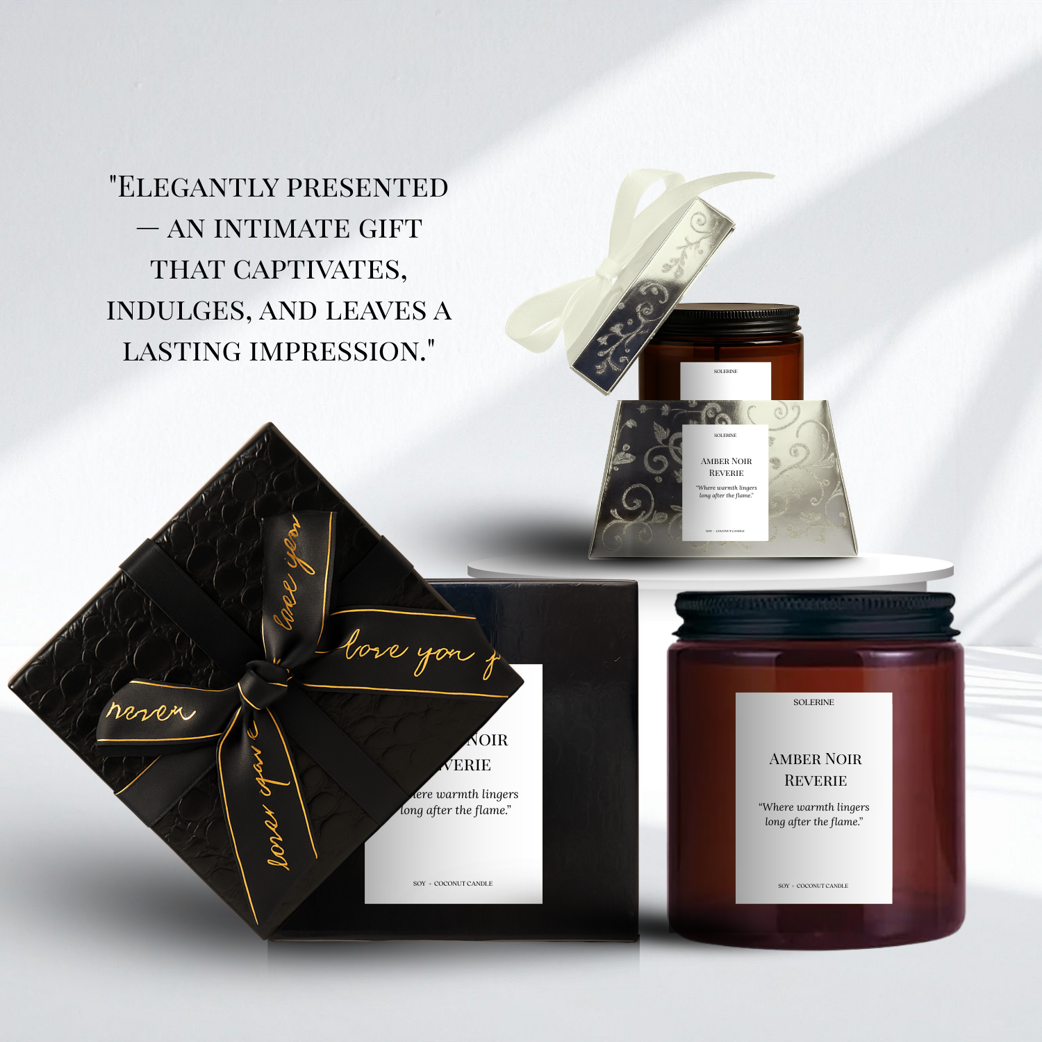 Amber Noir Reverie premium gift packaging for luxury candle