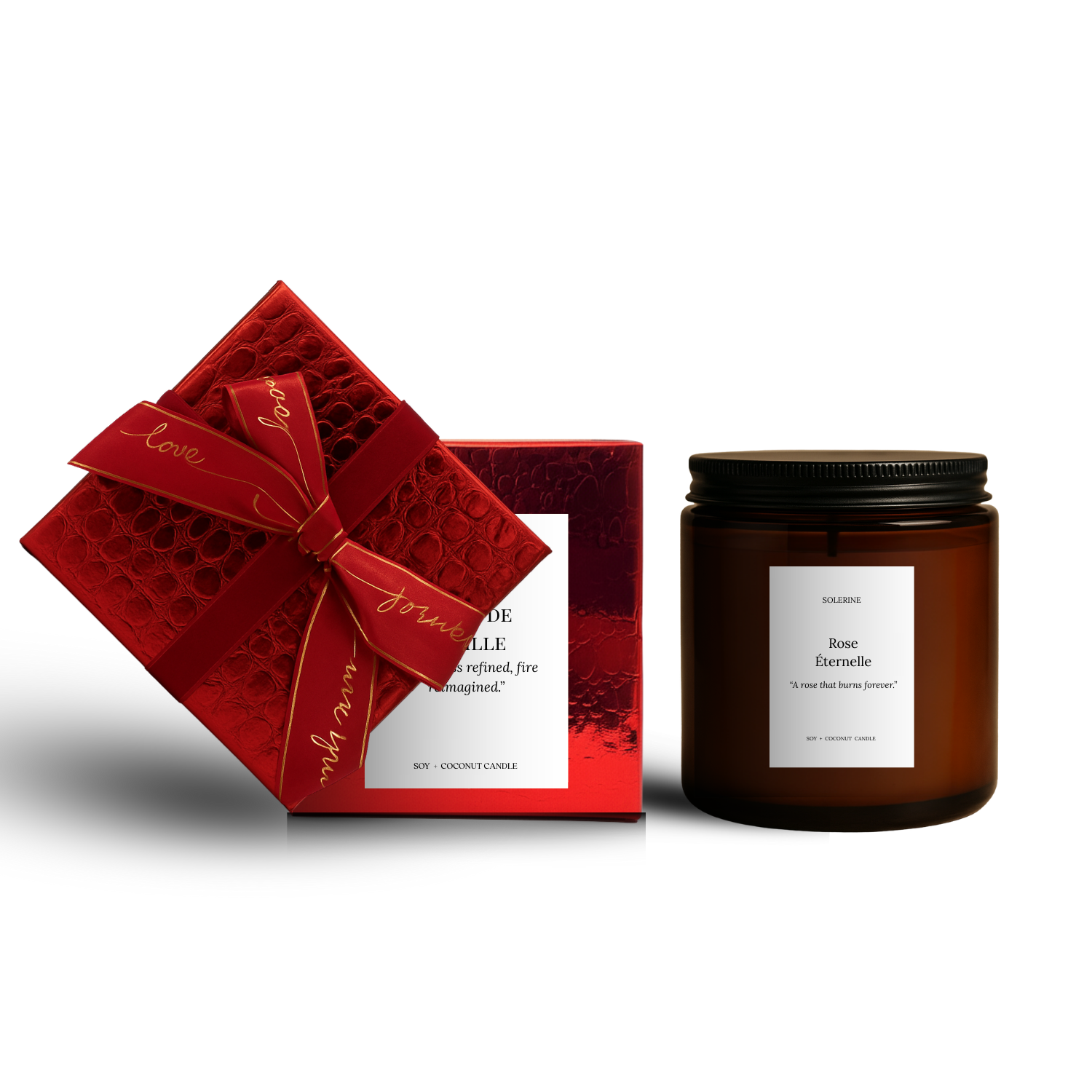 Brown candle with a red decorative box on a white background